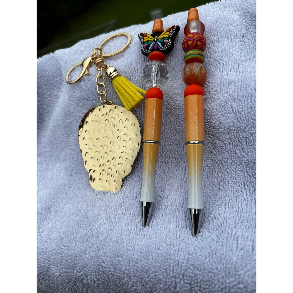Sugar Skull‎ Keychain and Beaded Pen Set Orange Butterfly Day of the Dead 3pc